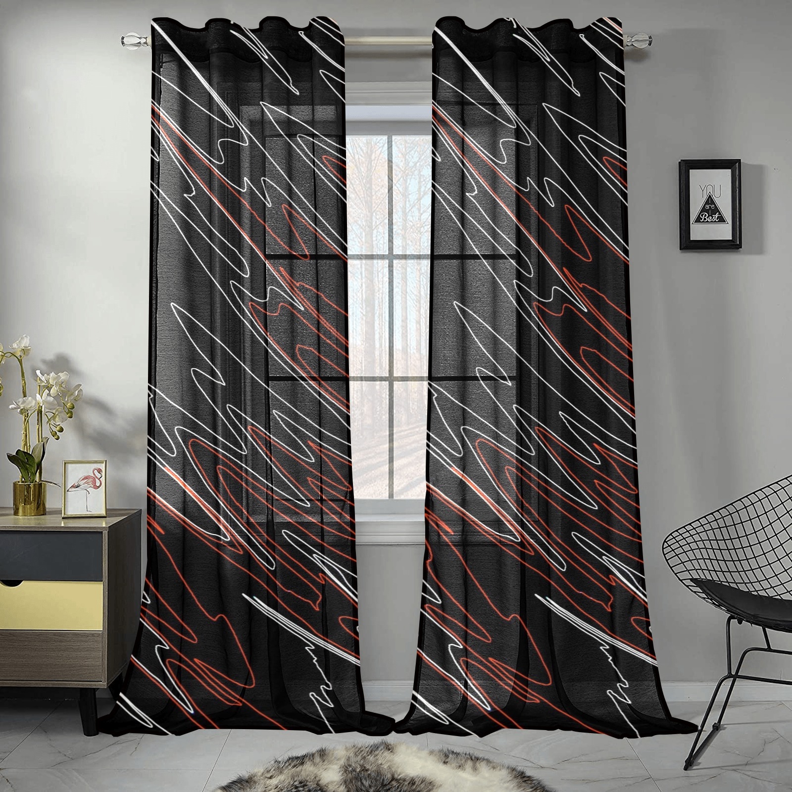 Marbled Black Red Gauze Curtain 28"x95" (Two-Piece)
