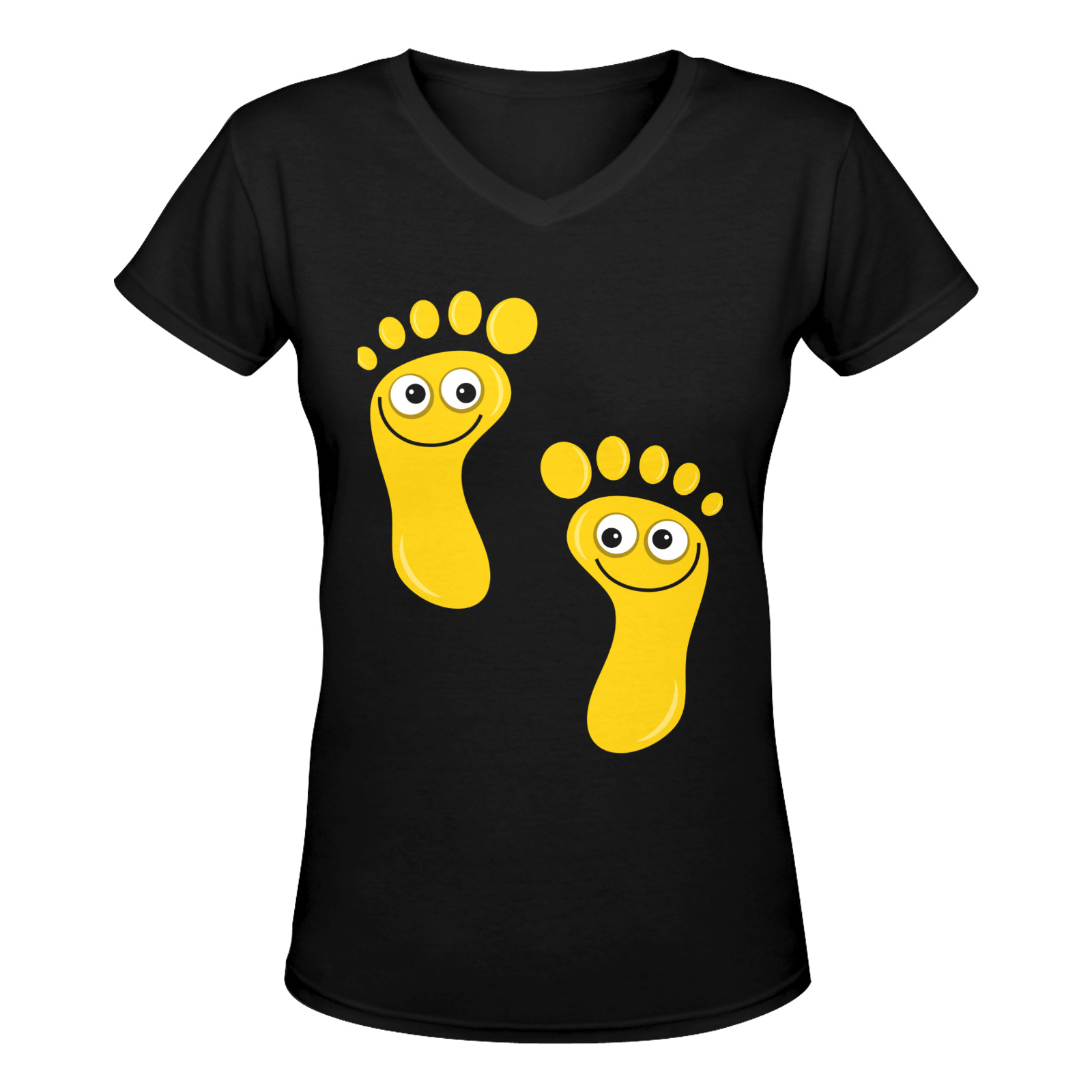 Happy Cartoon Yellow Human Foot Prints Women's Deep V-neck T-shirt (Model T19)