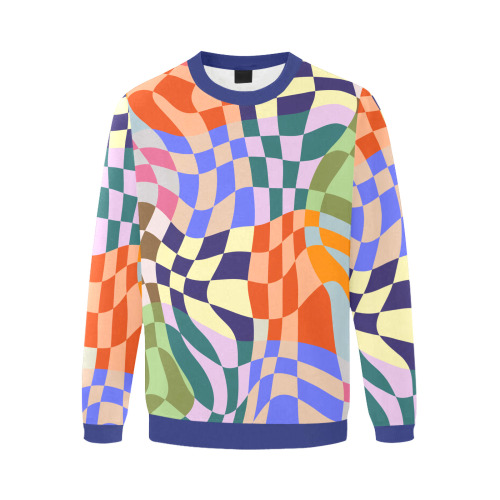 Wavy Groovy Geometric Checkered Retro Abstract Mosaic Pixels Men's Oversized Fleece Crew Sweatshirt (Model H18)