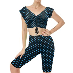 Blue Polka Dots on Black Women's Crop Top Yoga Set