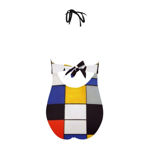 Composition A by Piet Mondrian Backless Hollow Out Bow Tie Swimsuit (Model S17)