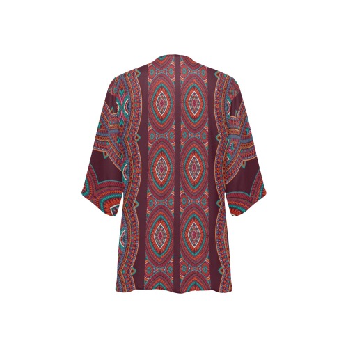 Abstract-Tribal-Stripes 1 Brown Background Women's Kimono Chiffon Cover Ups (Model H51)