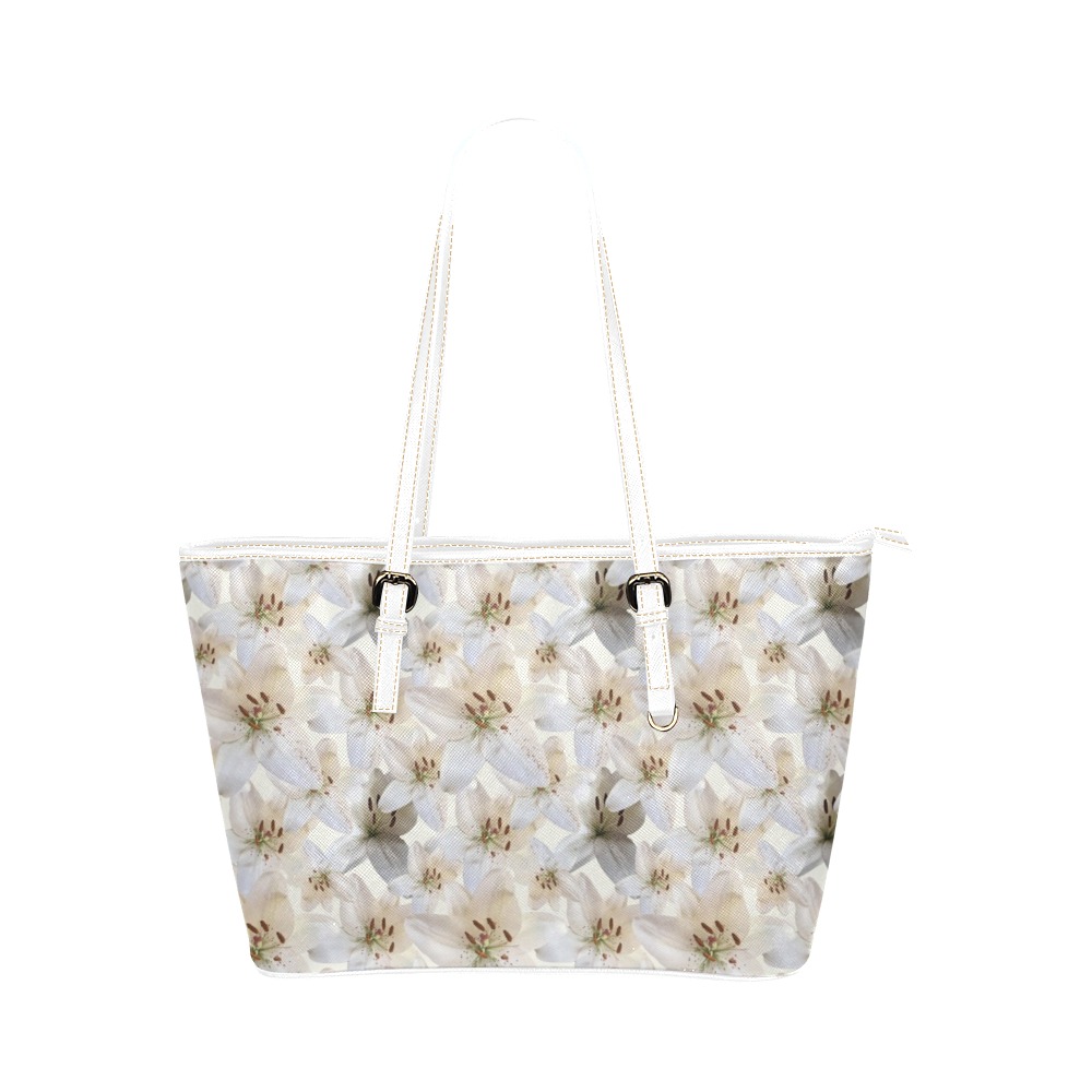 White Lillies Leather Tote Bag/Large (Model 1651)