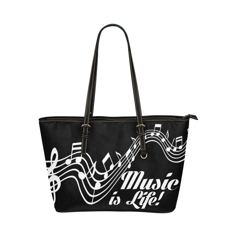 Music_Notes_ black Leather Tote Bag/Large (Model 1651)