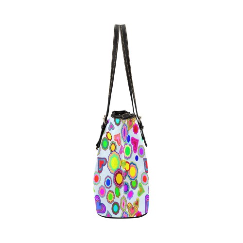 Groovy Hearts and Flowers Blue Leather Tote Bag/Small (Model 1651)