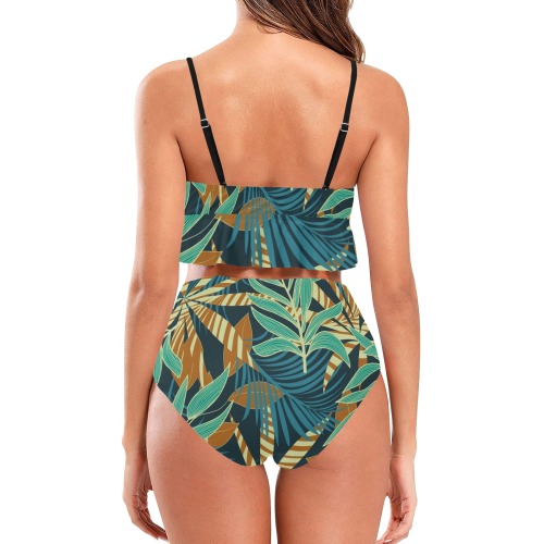 Beautiful Tropical Jungle Plants Ruffle Hem Bikini Swimsuit (Model S35)