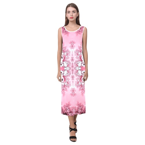Pink Rose Garden Frost Fractal Phaedra Sleeveless Open Fork Long Dress (Model D08)