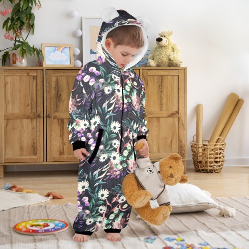 Vintage dark fantasy bloom 20G One-Piece Zip up Hooded Pajamas for Little Kids