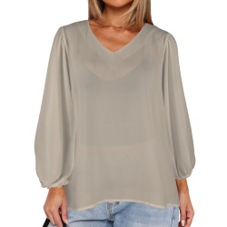 Humus Women's Loose V-Neck Long Puff Sleeve Top (Model H70)