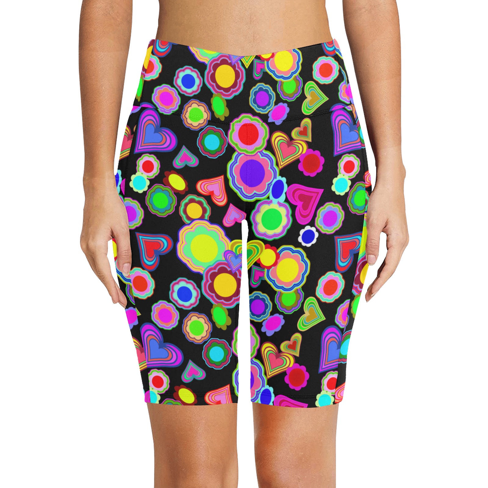 Groovy Hearts and Flowers Black Women's Workout Half Tights (Model L42)