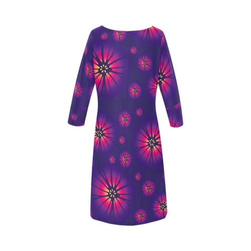 Ô Pink and Yellow Flowers on Purple Rhea Loose Round Neck Dress(Model D22)