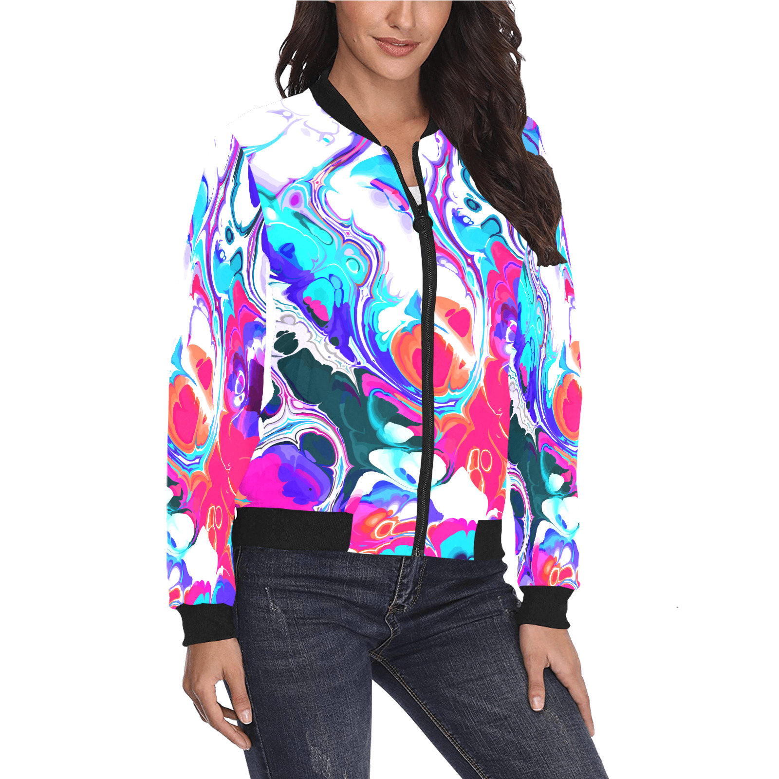 Blue White Pink Liquid Flowing Marbled Ink Abstract All Over Print Bomber Jacket for Women (Model H36)