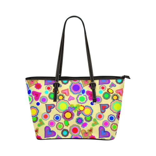 Groovy Hearts and Flowers Yellow Leather Tote Bag/Small (Model 1651)