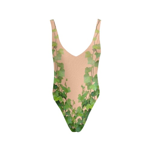 Vines, climbing plant watercolor tan Sexy Low Back One-Piece Swimsuit (Model S09)