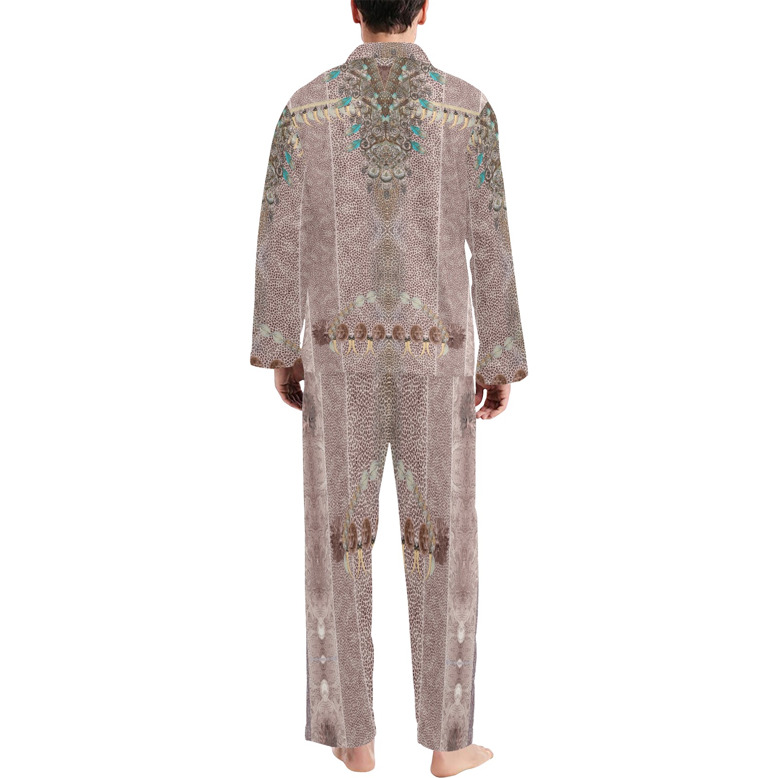 leopard design and feathers Men's V-Neck Long Pajama Set