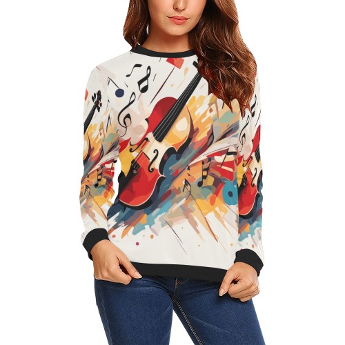 Chic colorful allegory of violin music on beige All Over Print Crewneck Sweatshirt for Women (Model H18)