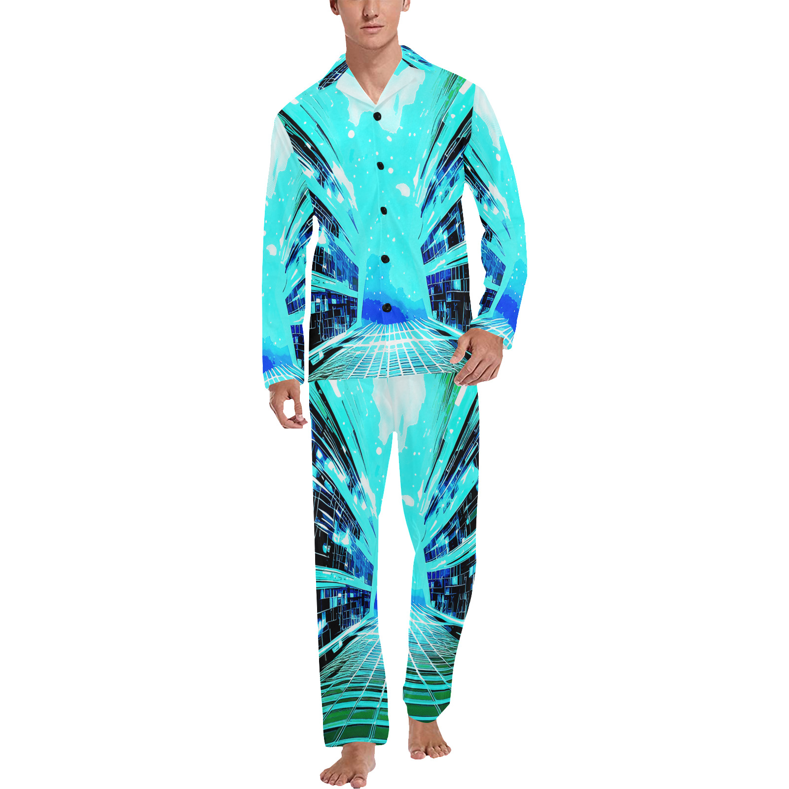 Exploring Galaxy 805 Men's V-Neck Long Pajama Set