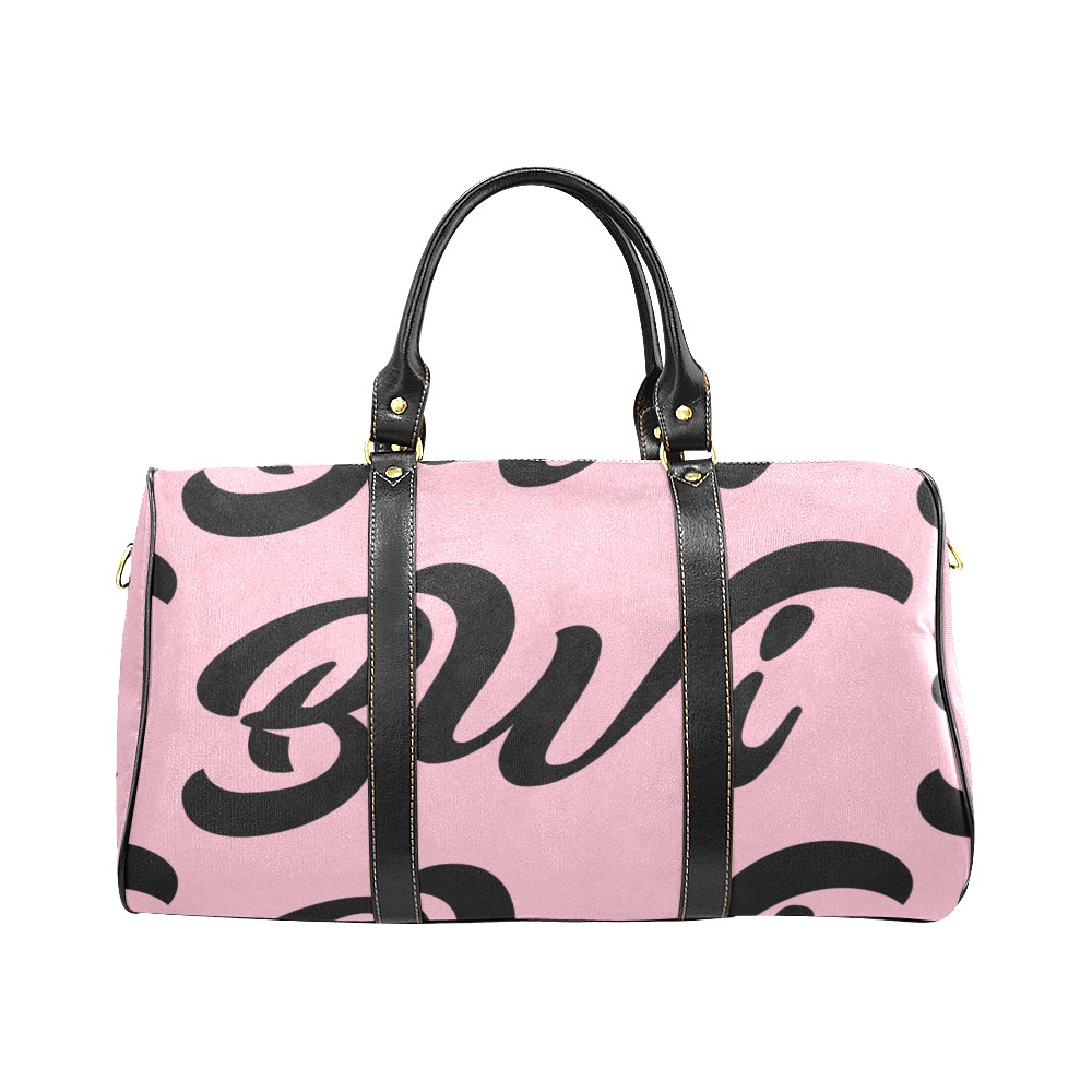 BWi Travel Bag: Pink w/Black Font (Black Leather Straps) New Waterproof Travel Bag/Small (Model 1639)