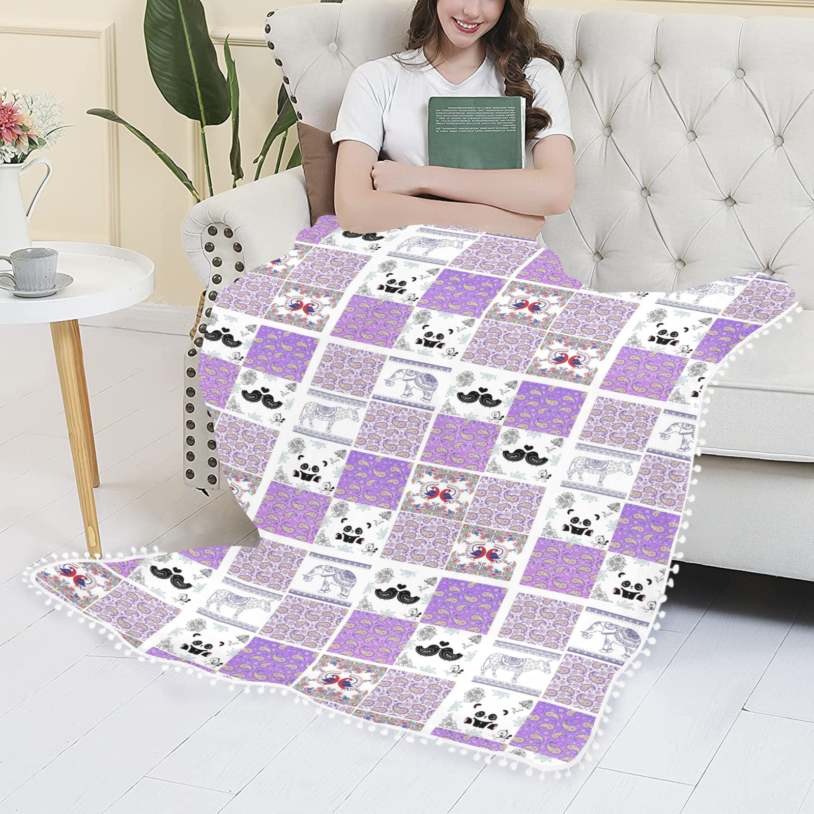 Purple Paisley Birds and Animals Patchwork Design Pom Pom Fringe Blanket 60"x80"