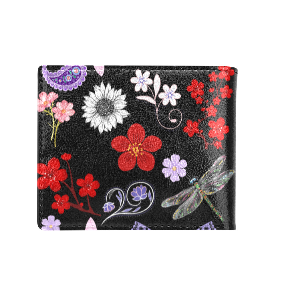 Black, Red, Pink, Purple, Dragonflies, Butterfly and Flowers Design Bifold Wallet with Coin Pocket (Model 1706)