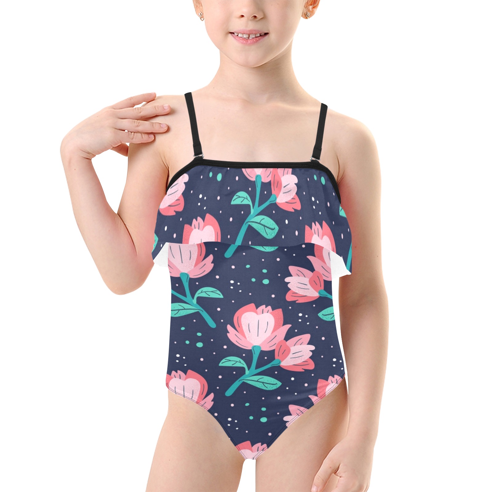 Adorable Pink Floral Kids' Spaghetti Strap Ruffle Swimsuit (Model S26)