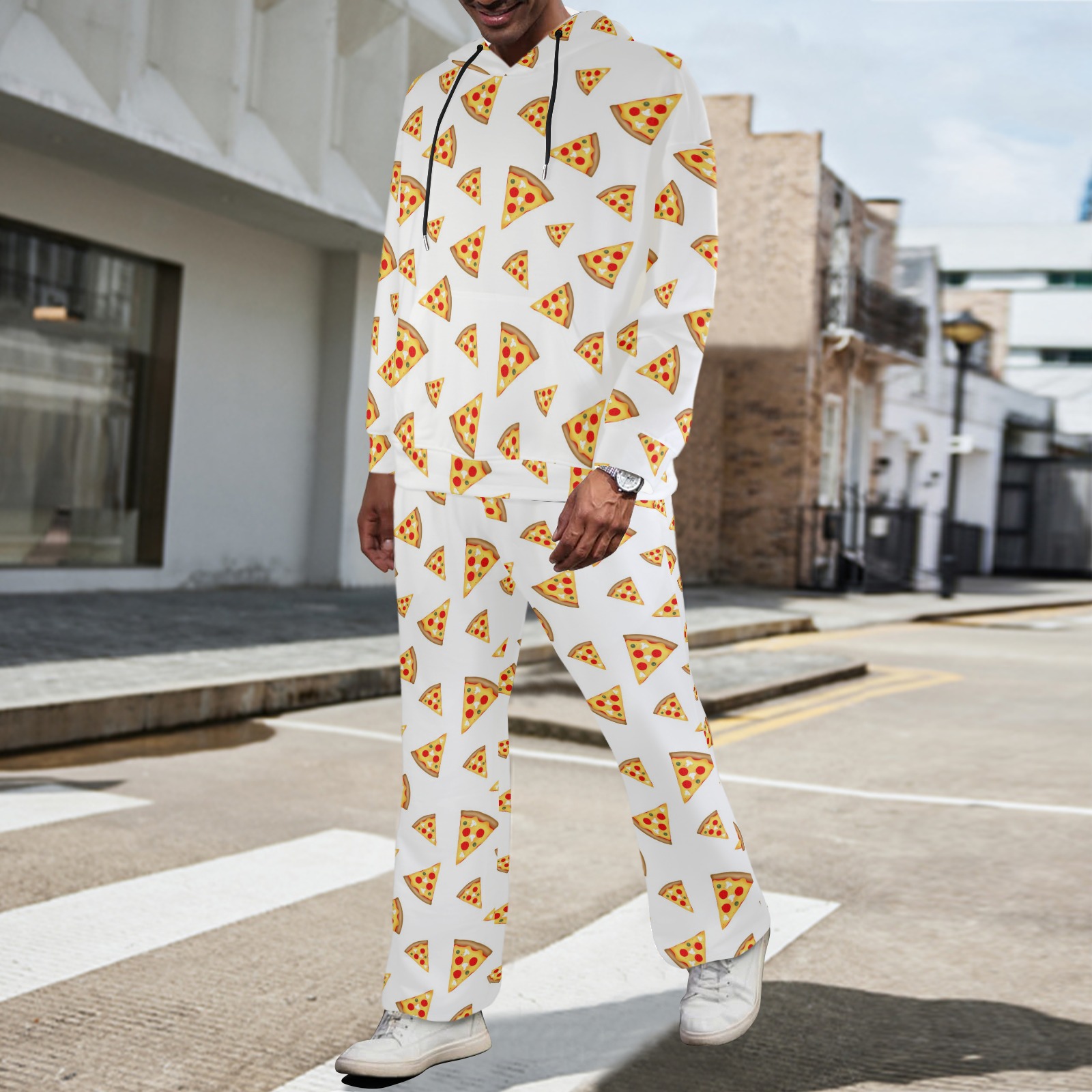 Cool and fun pizza slices pattern on white Men's Streetwear Flared Tracksuit (Set25)