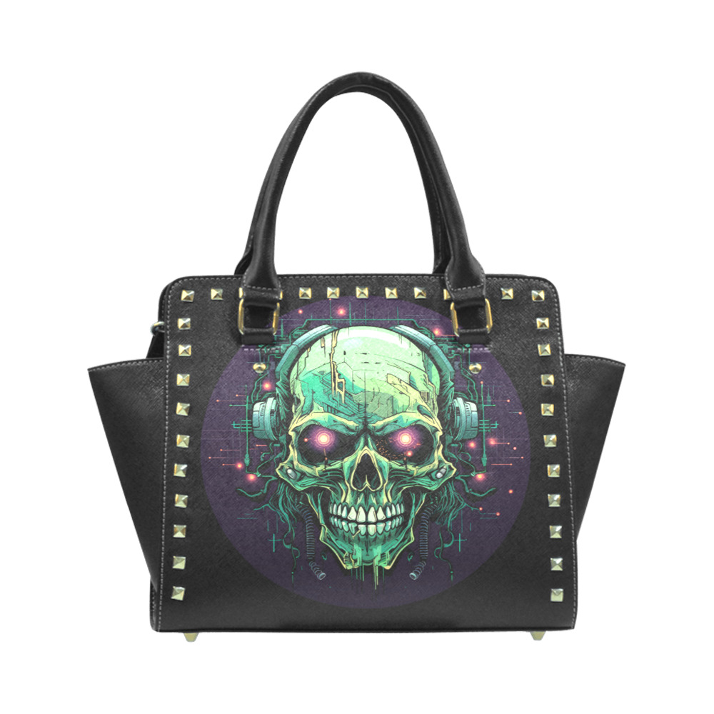 Zombie Skull with Headphones Black Rivet Shoulder Handbag (Model 1645)