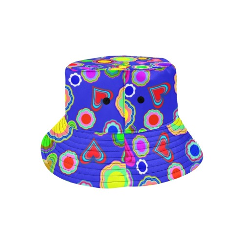 Groovy Hearts and Flowers Blue All Over Print Bucket Hat