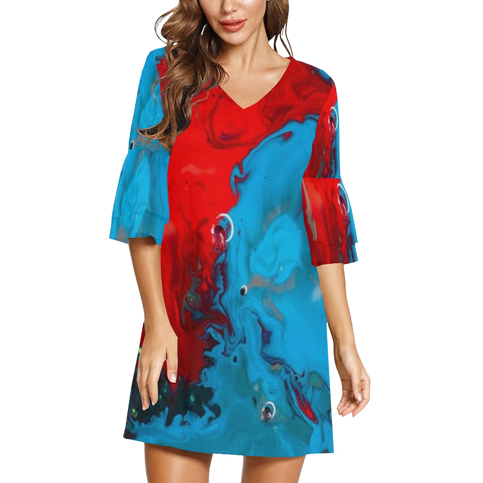 Abstract Oil Painting Half Sleeves V-Neck Mini Dress (Model D63)