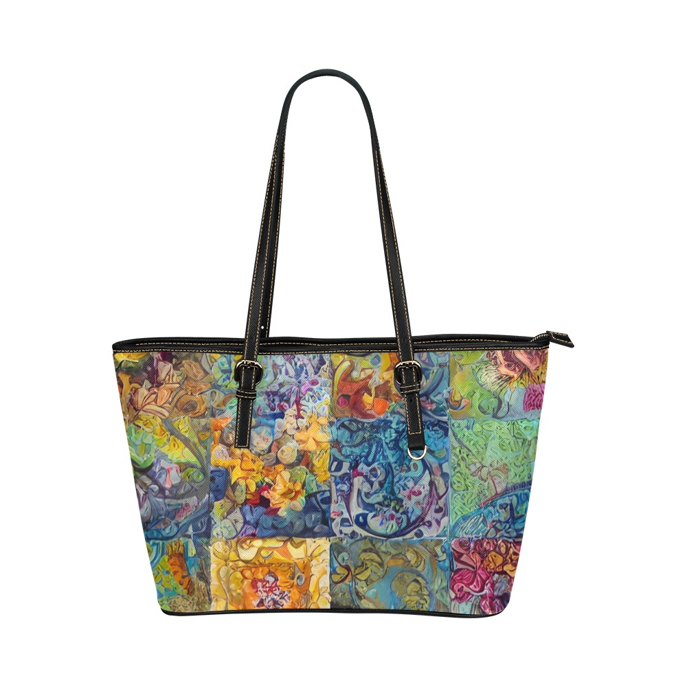 Boho Aesthetic Simulated Quilt Artwork Leather Tote Bag/Large (Model 1651)