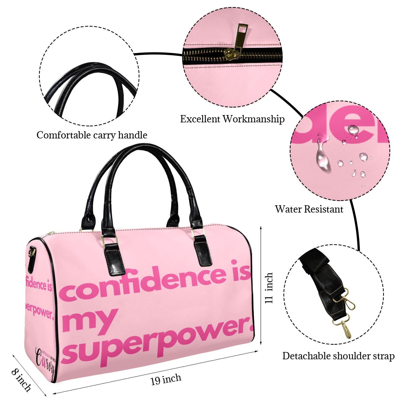 confidence is my superpower pink Leather Travel Bag-Small (Short Patch) (1735)