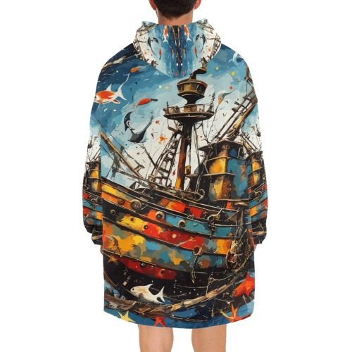 Nautical abstract art of a funny ship and fishes. Blanket Hoodie for Men