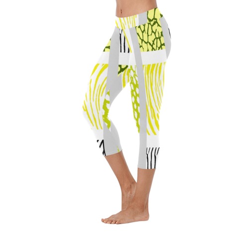 White and Yellow Mixed Animal Print Women's Low Rise Capri Leggings (Invisible Stitch) (Model L08)