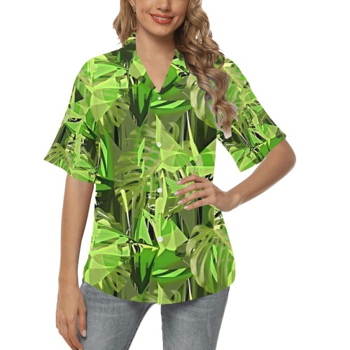 Tropical Jungle Leaves Camouflage All Over Print Hawaiian Shirt for Women (Model T58)