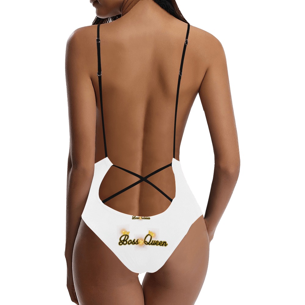Boss Queen Swim suit white Sexy Lacing Backless One-Piece Swimsuit (Model S10)