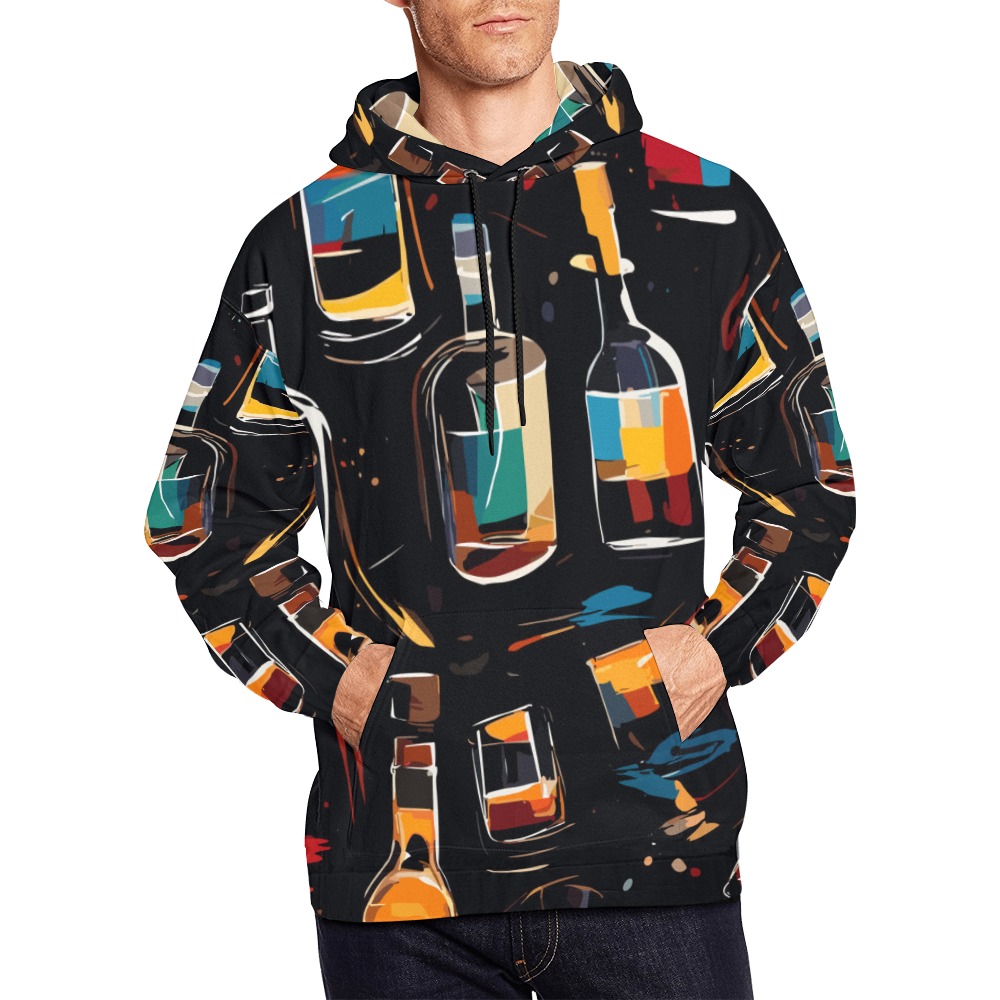 Mix of colorful alcohol bottles, glasses on black All Over Print Hoodie for Men (USA Size) (Model H13)