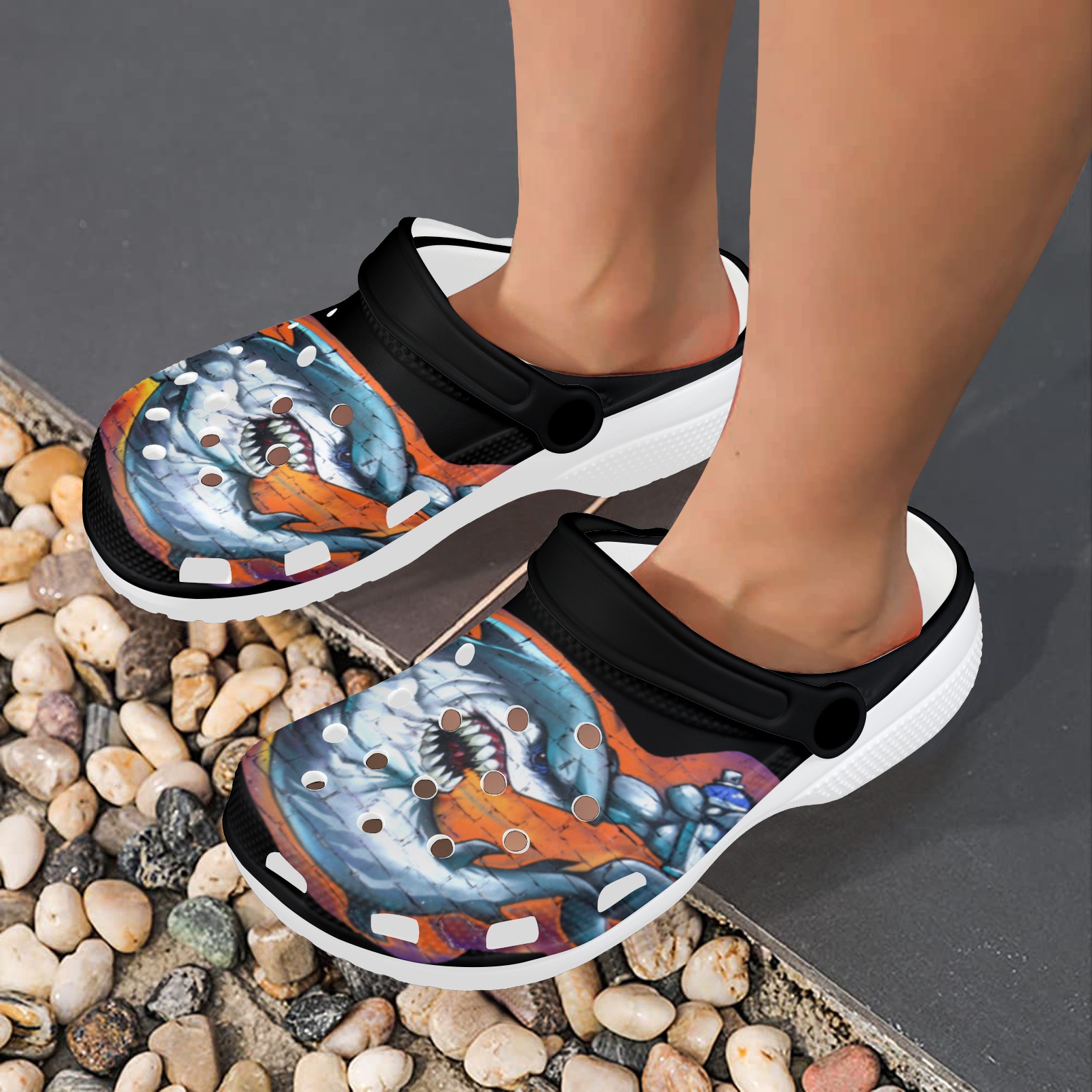 Graffiti Shark - Black Custom Print Foam Clogs for Adults