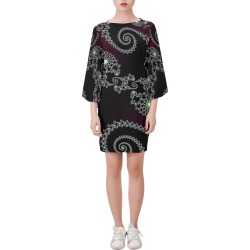 Black and White Lace on Maroon Velvet Fractal Abstract Bell Sleeve Dress (Model D52)