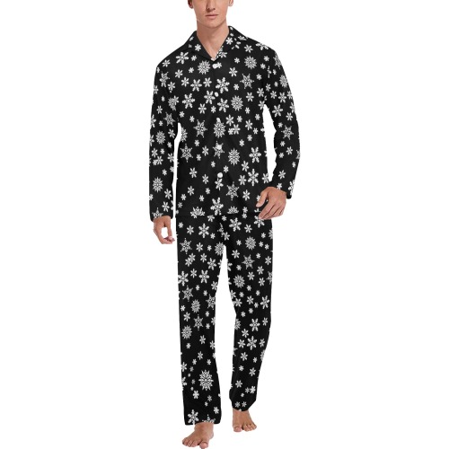 Christmas White Snowflakes on Black Men's V-Neck Long Pajama Set