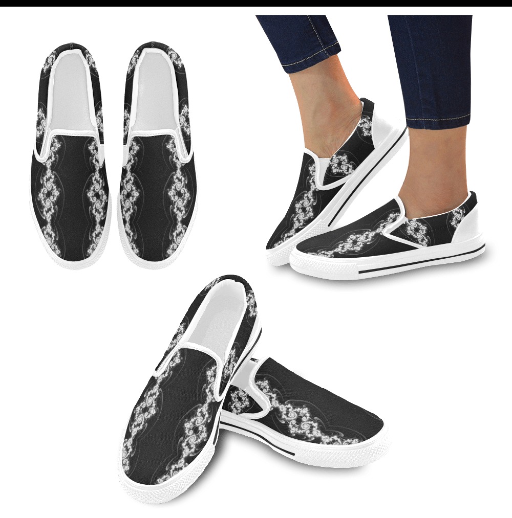 White Lace on Black Velvet Fractal Abstract Women's Slip-on Canvas Shoes (Model 019)