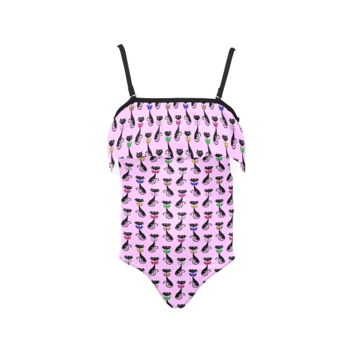 Black Cats Wearing Bow Ties - Pink Kids' Spaghetti Strap Ruffle Swimsuit (Model S26)