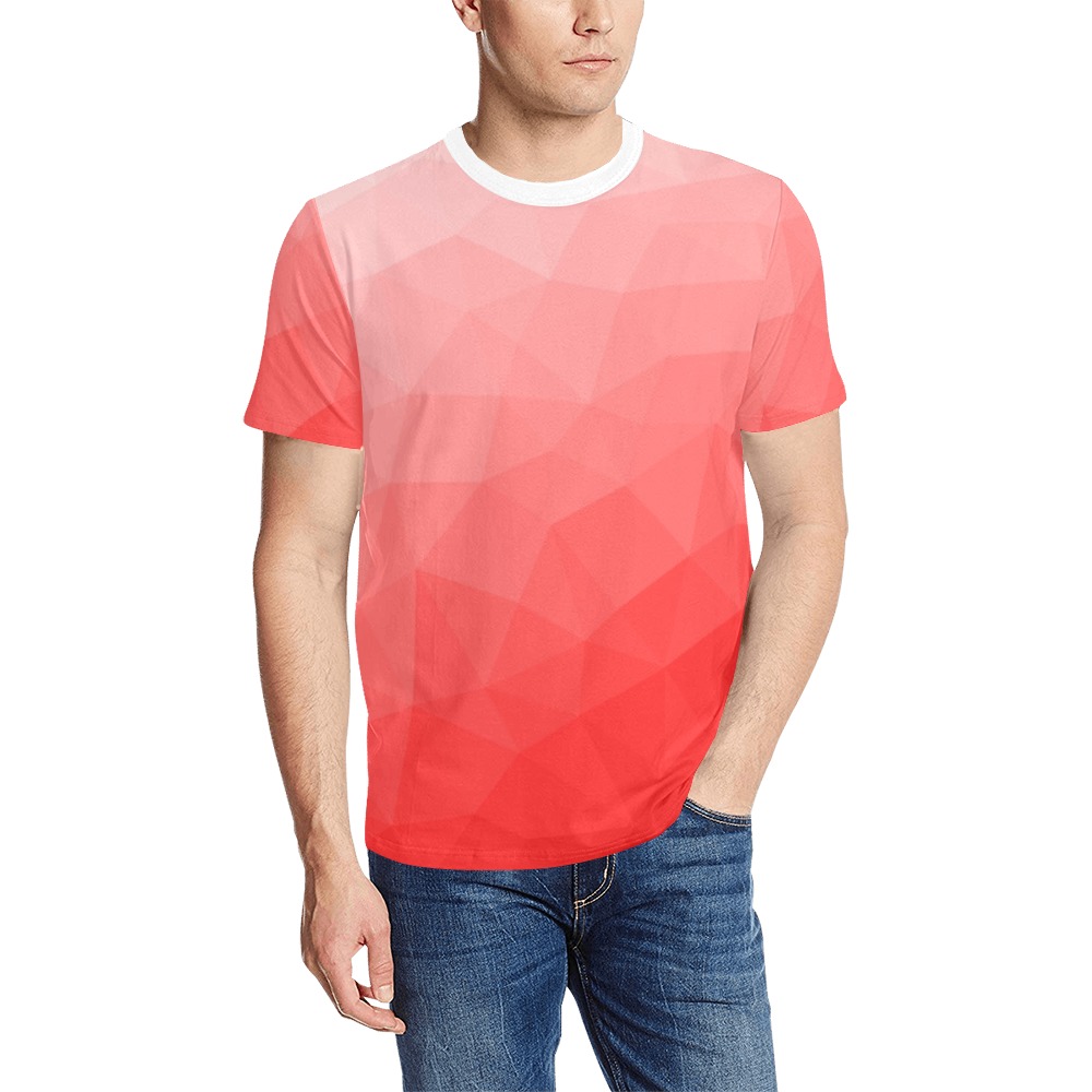 Red gradient geometric mesh pattern Men's All Over Print T-Shirt (Solid Color Neck) (Model T63)