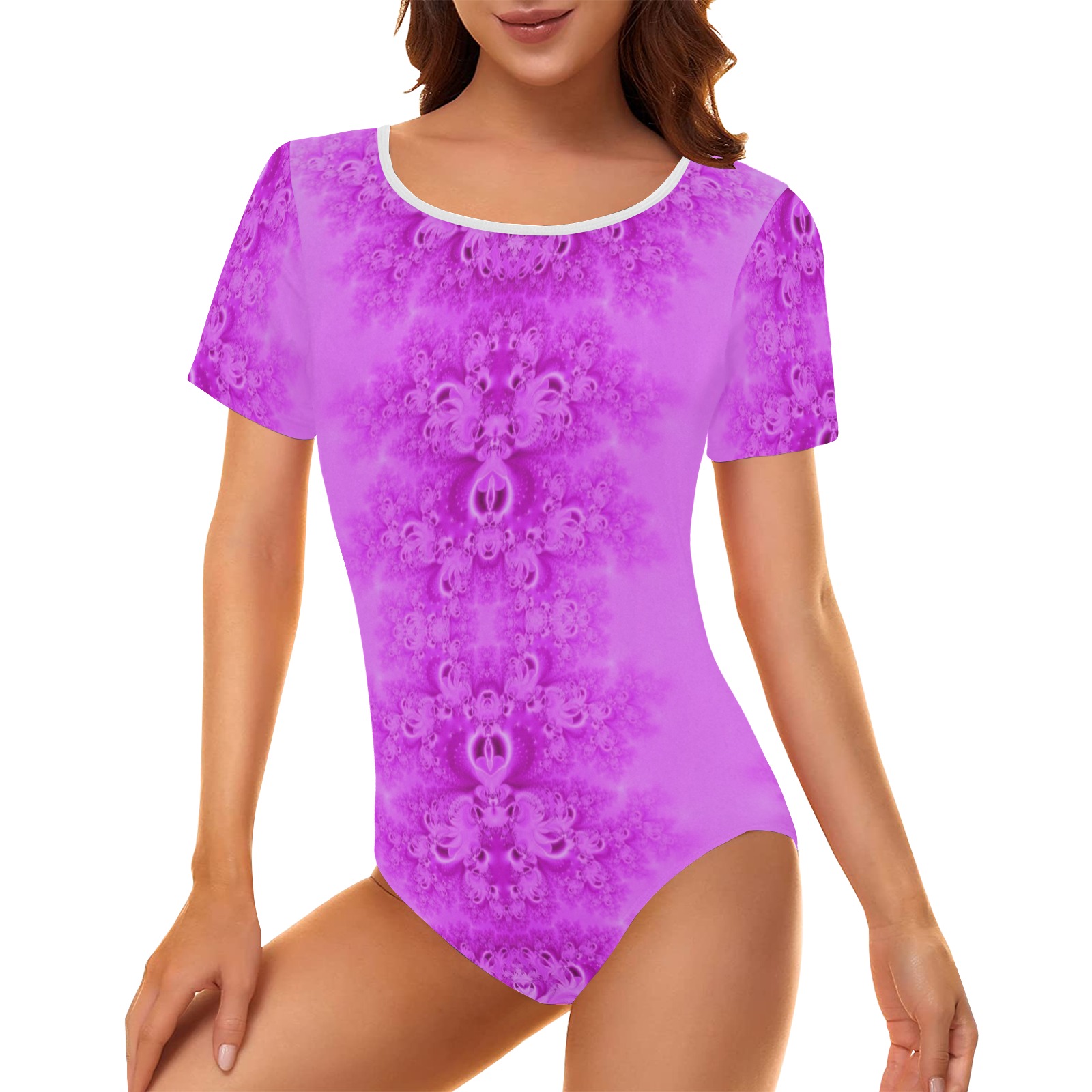 Soft Violet Flowers Frost Fractal Women's Short Sleeve Bodysuit