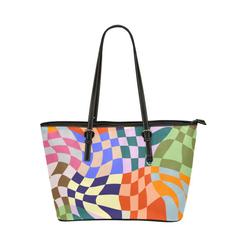 Wavy Groovy Geometric Checkered Retro Abstract Mosaic Pixels Leather Tote Bag/Large (Model 1651)