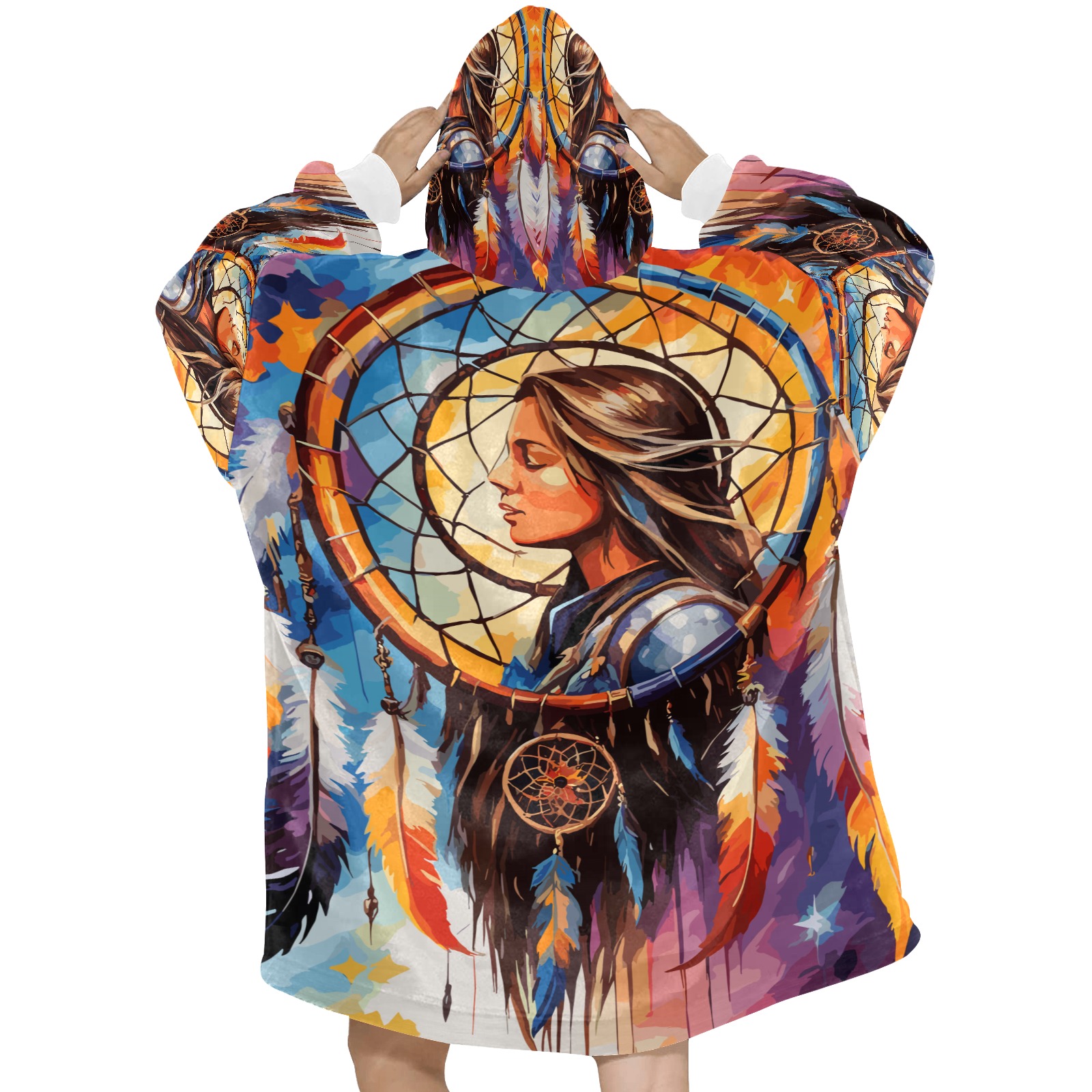 Dreaming woman inside a dreamcatcher colorful art. Blanket Hoodie for Women