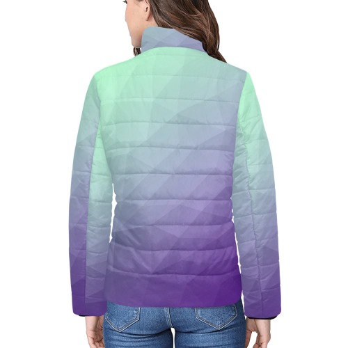 Purple green ombre gradient geometric mesh pattern Women's Stand Collar Padded Jacket (Model H41)