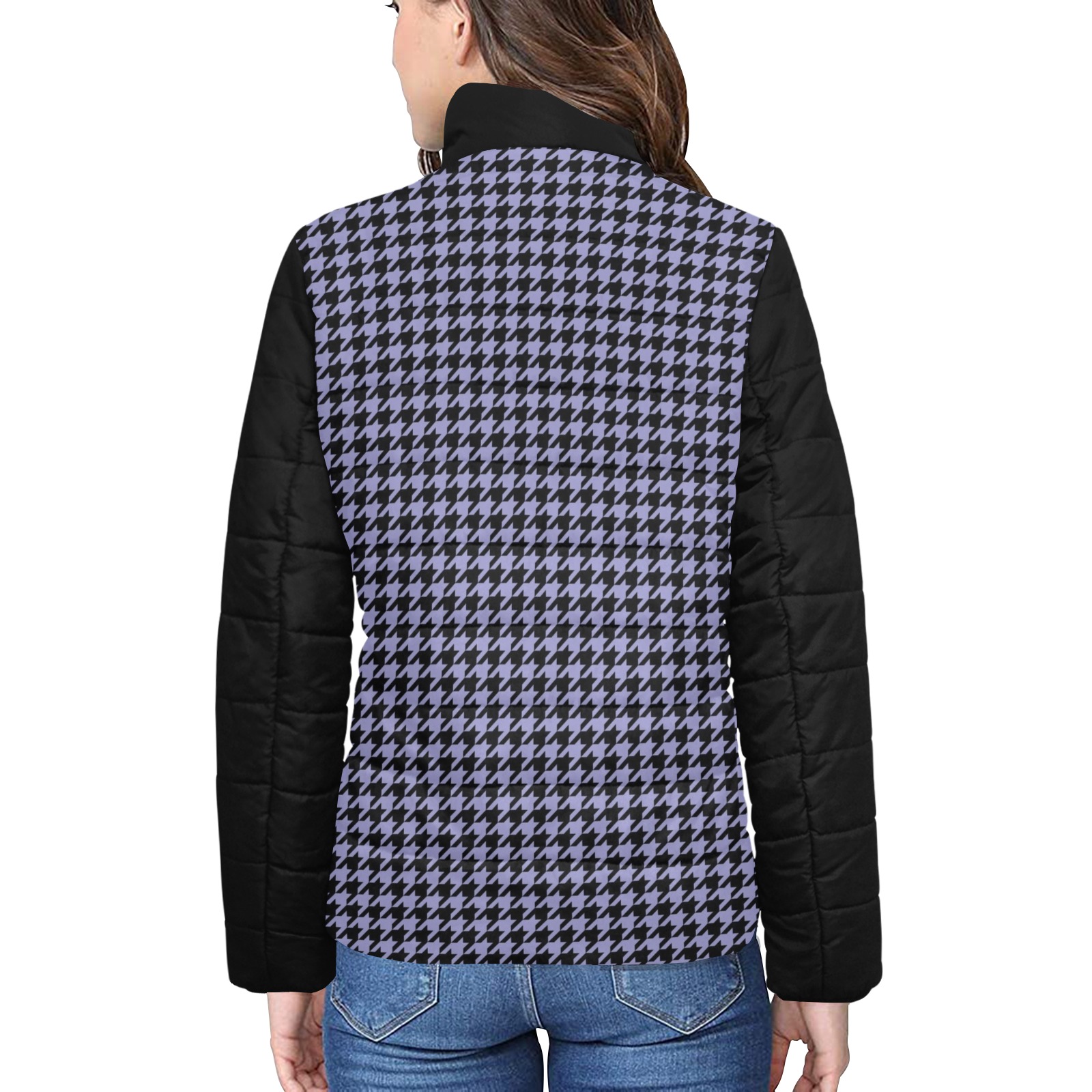 1Houndstooth With Solid Sleeves Women's Stand Collar Padded Jacket (Model H41)
