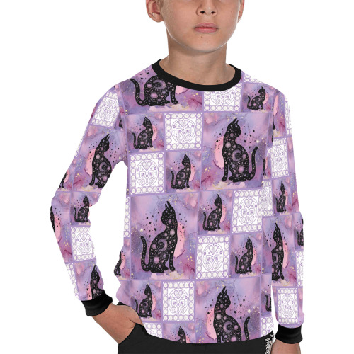 Purple Cosmic Cats Patchwork Pattern Kids' All Over Print Long Sleeve T-shirt (Model T51)