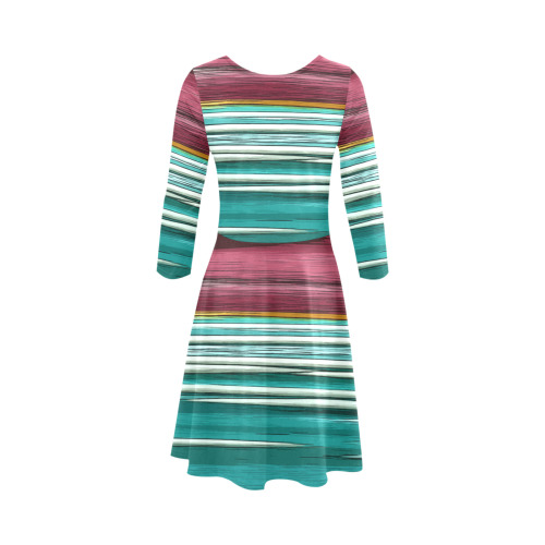 Abstract Red And Turquoise Horizontal Stripes 3/4 Sleeve Sundress (D23)