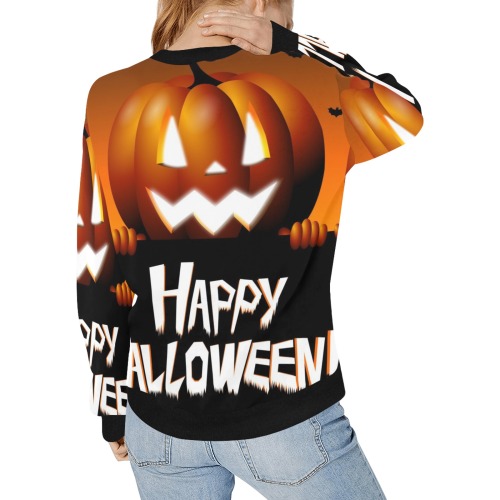 Happy Halloween pumpkin Women's Rib Cuff Crew Neck Sweatshirt (Model H34)